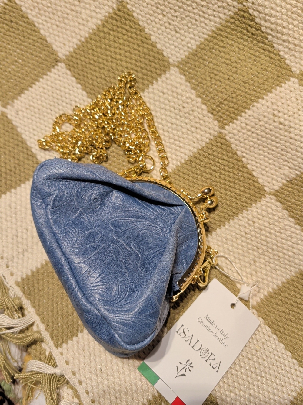 Blue Embossed Genuine Leather Chain Clutch Kiss Lock Nwt